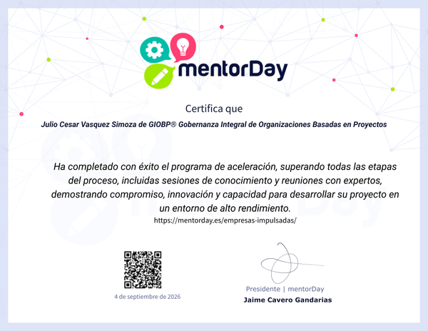 Credencial del Programa de Aceleración mentorDay, edición 111, otorgada a Julio César Vásquez Simoza de GIOBP®